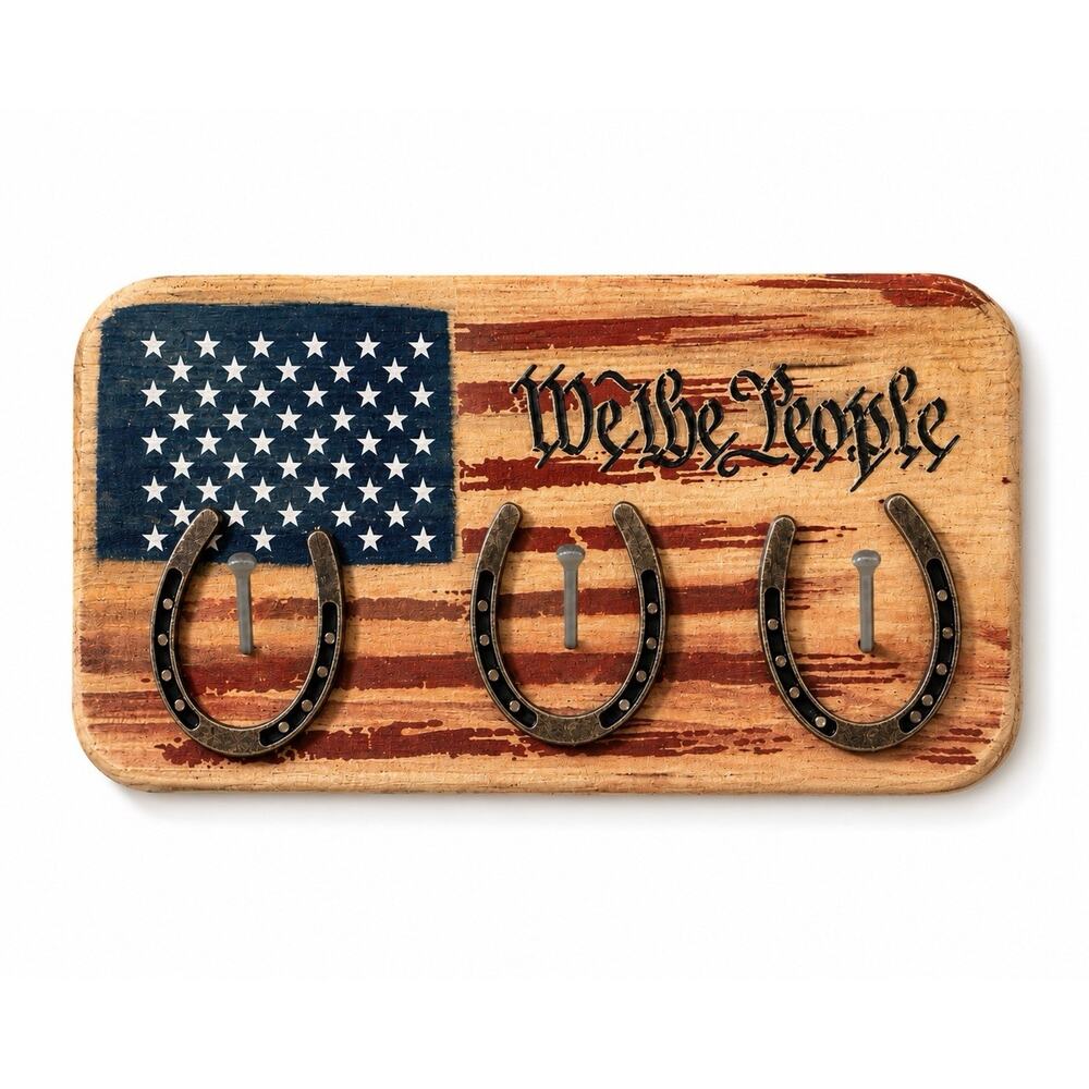 Rustic Patriotic American Flag Horseshoe Key Holder We The People Wall Rack